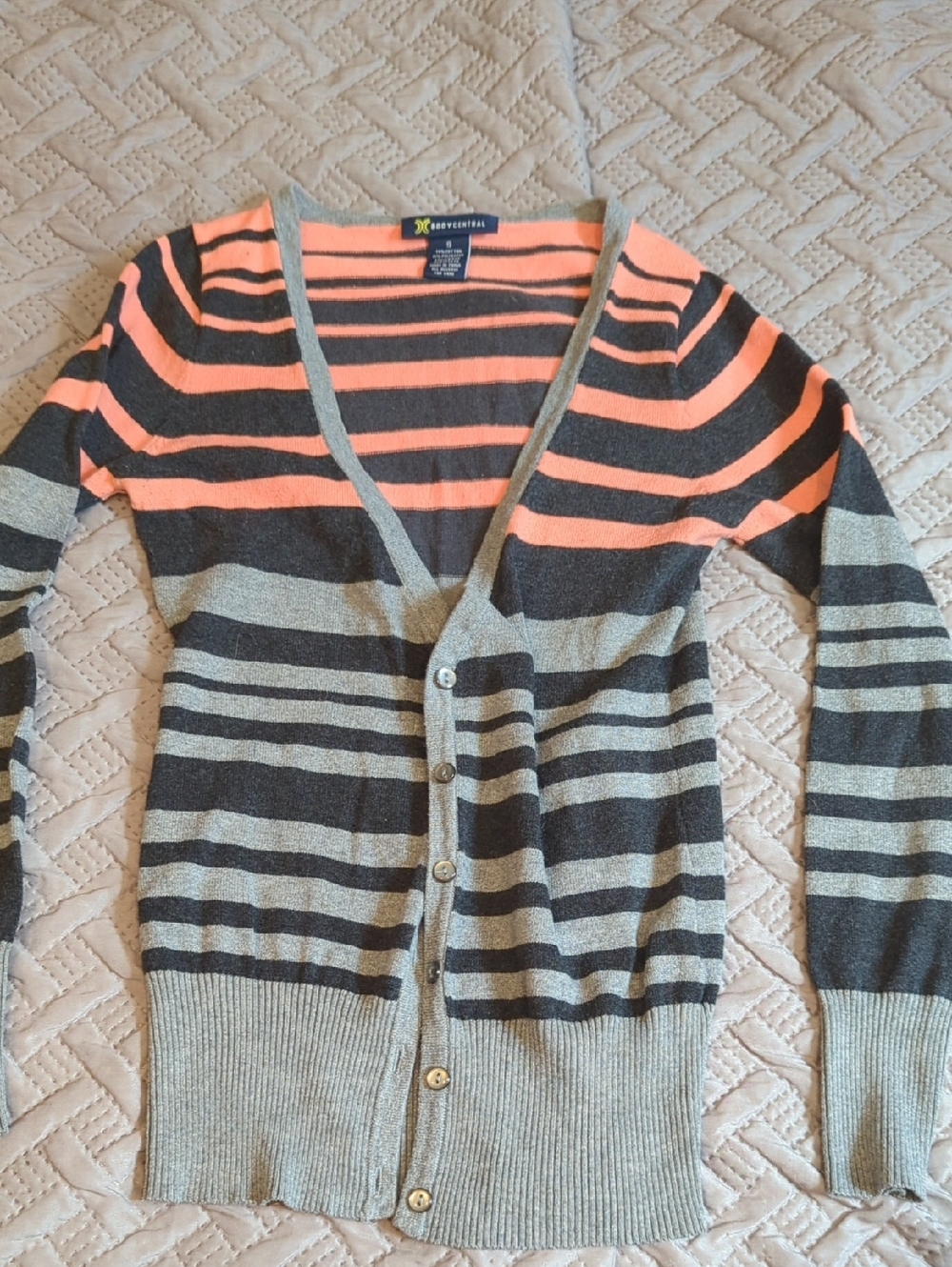 Body Central Striped Button-Front Cardigan in Coral, Gray & Black